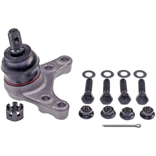 BJ74158XL NASCAR Advantage Ball Joint - Front, complete with bolts, washers, nuts, a cotter pin, and a castle nut, laid out on a white surface.