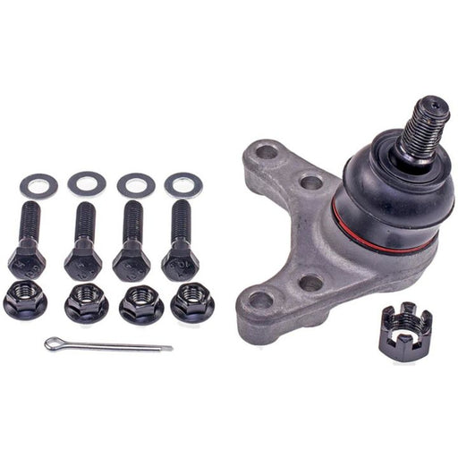 Close-up of the BJ74157XL NASCAR Advantage Front Ball Joint assembly kit, featuring bolts, washers, nuts, and a cotter pin on a white background.