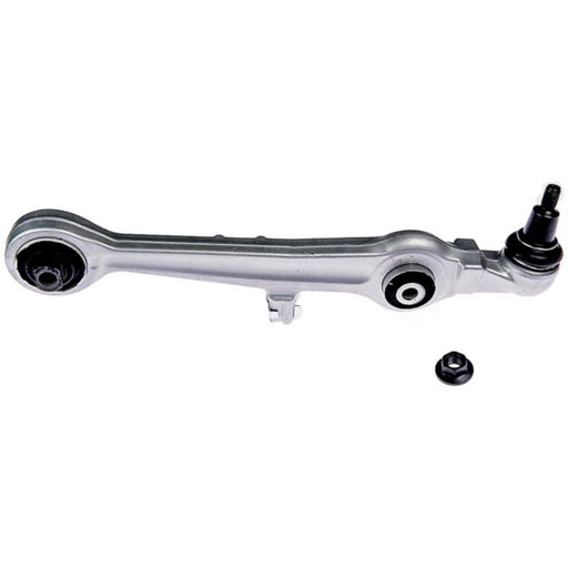 Introducing the CB30836 ProSeries OE+ Control Arm: a silver control arm featuring black bushings and an integrated ball joint, complemented by a separate black bolt.