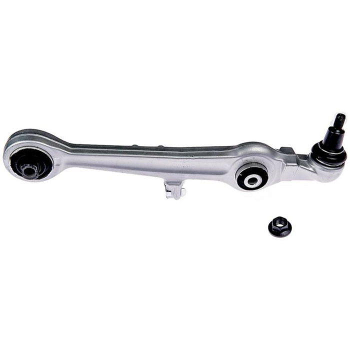 Introducing the CB30836 ProSeries OE+ Control Arm: a silver control arm featuring black bushings and an integrated ball joint, complemented by a separate black bolt.