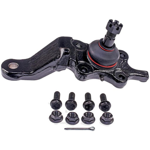 A black BJ74474XL NASCAR Advantage Ball Joint - Front with additional bolts, nuts, and a small pin lying beside it on a white background.