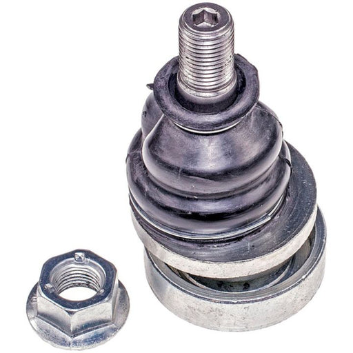 Close-up of the NASCAR Advantage BJ81076 Ball Joint - Front, featuring a metallic ball joint and nut with a rubber boot for automotive suspension systems.