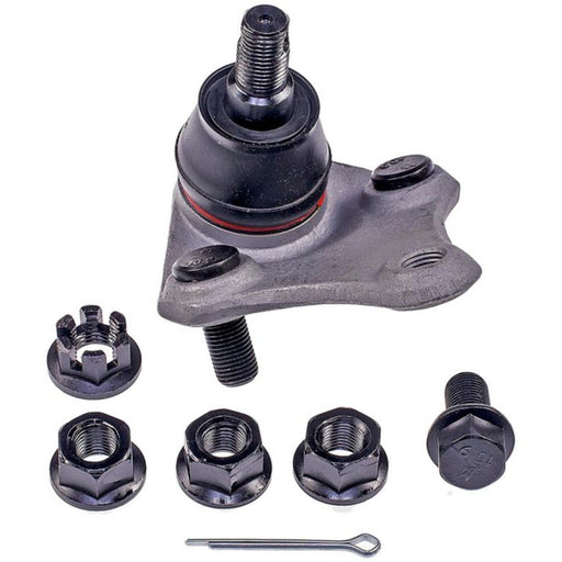 BJ74265XL NASCAR Advantage Ball Joint - Front, complete with assorted nuts, a cotter pin, and a bolt, arranged on a white background.