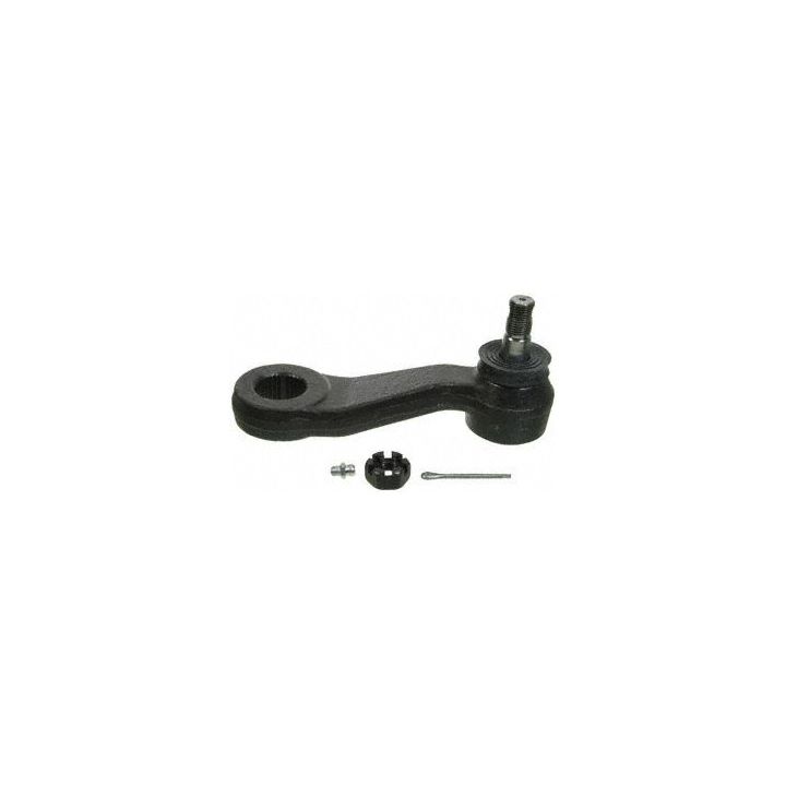 A 1546536 Pro-Series OE Pitman Arm in black, featuring a pivoting joint and additional hardware components, showcased on a white background.