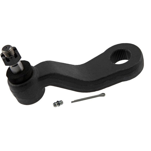 The 1546654 Pro-Series OE Pitman Arm features a sleek black finish, a ball joint on one end, and a mounting hole on the other. It also includes a pin and nut for easy installation.