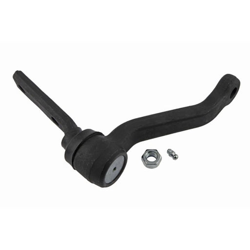 A 1546187 Pro-Series OE Idler Arm, made of black metal, with a nut and bolt placed beside it on a white background.
