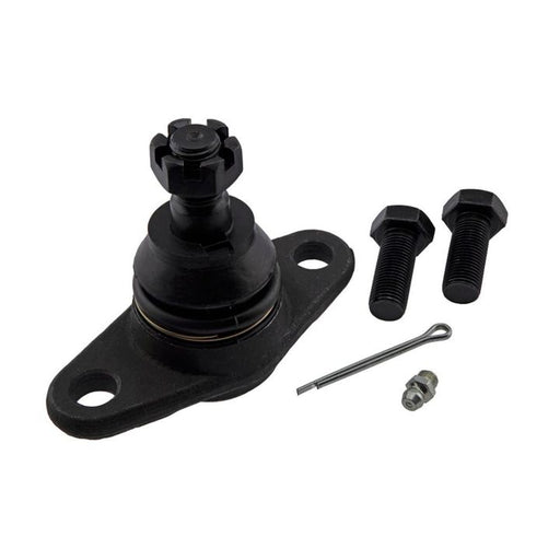 A black 304500120 Pro-Series OE Ball Joint - Lower, complete with bolts, a pin, and a grease fitting, displayed on a white background.