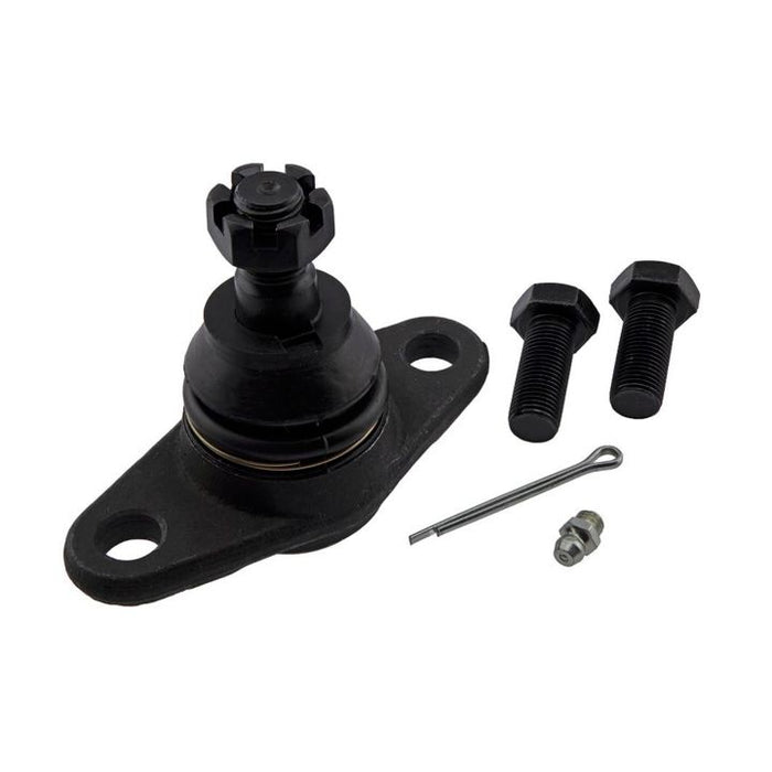 A 154500034 Pro-Series OE Ball Joint - Lower in black, complete with two bolts, a nut, and a cotter pin, placed on a white background.