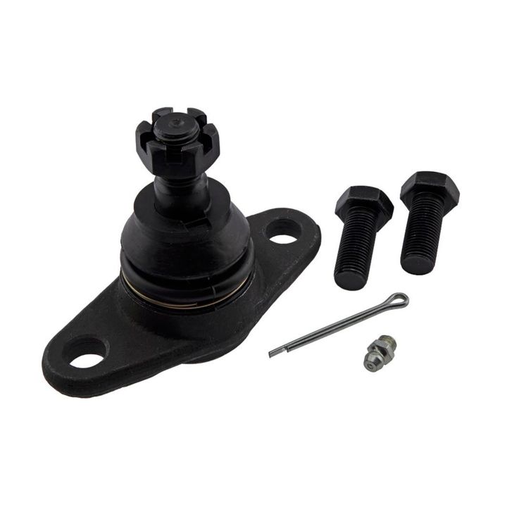 The 3043199 Pro-Series OE Ball Joint - Lower in black comes with mounting hardware, which includes two bolts, a pin, and a grease fitting, all showcased on a white background.