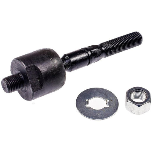 Close-up of a TI59045 ProSeries OE+ Tie Rod end in black metal, accompanied by a washer and a nut, placed on a white background.