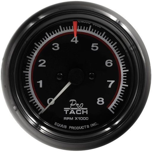 Introducing the AK90269 ProSeries OE+ Alignment Kit: a sleek black tachometer gauge featuring RPM readings, with a striking red needle pointing at 4 and crisp white numbers ranging from 0 to 8.