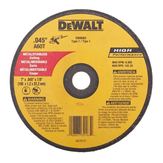 DW8065CT DEWALT Thin Metal Cut-Off Wheel, 7 x 055 x 7/8-in