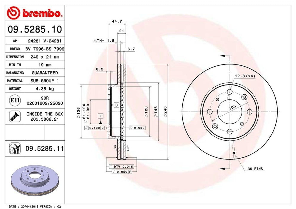 09.5285.11 Brembo Brake Rotor