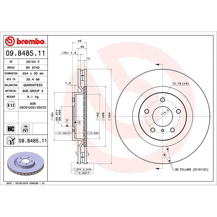 09.8485.11 Brembo Brake Rotor
