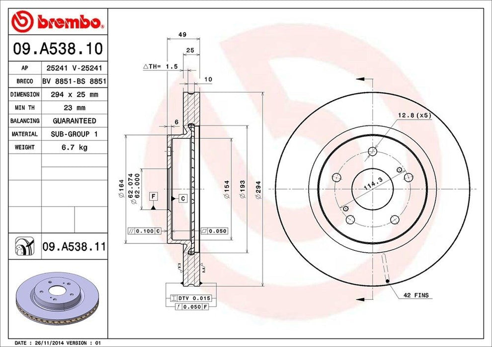09.A538.11 Brembo Brake Rotor