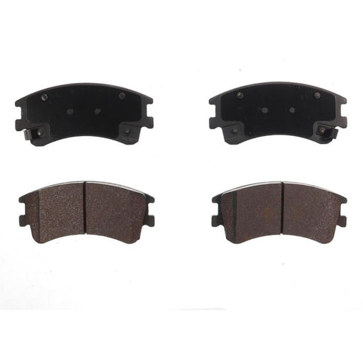 Four BFD957SM ProSeries OE Brake Pads arranged in a 2x2 grid, with two new black pads on top and two used rusty pads on the bottom.