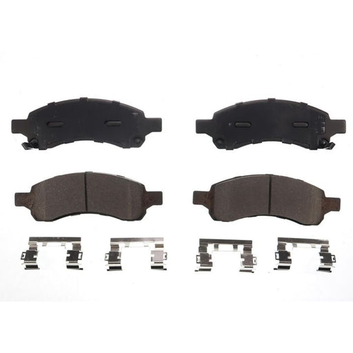 Four BFD1169CR ProSeries OE Brake Pads and metal hardware clips arranged on a white background.