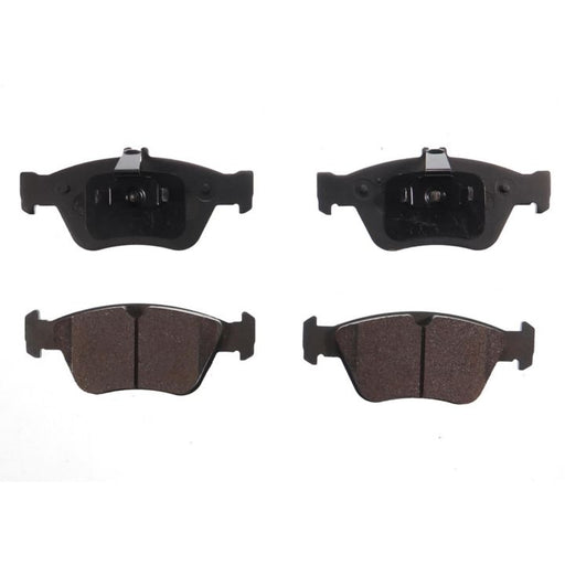 Four BFD710SM ProSeries OE Brake Pads, with two facing upwards displaying the metal backing and two facing downwards revealing the friction material surface.