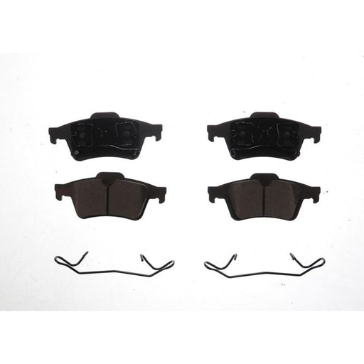 Four BFD973ACR ProSeries OE Brake Pads in black and two sets of clips are arranged on a white background.