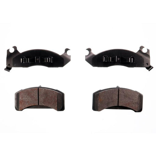 Front and back view of two worn BFD310CR ProSeries OE black brake pads with metal clips, isolated on a white background.