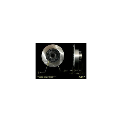The 5487 Pro-Series OE Brake Rotor showcasing its measurements and specifications against a black background.