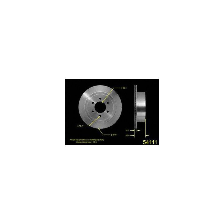 Two perspectives of the 54111 Pro-Series OE Brake Rotor, showcasing highlighted measurements from both the front and side, set against a black background.