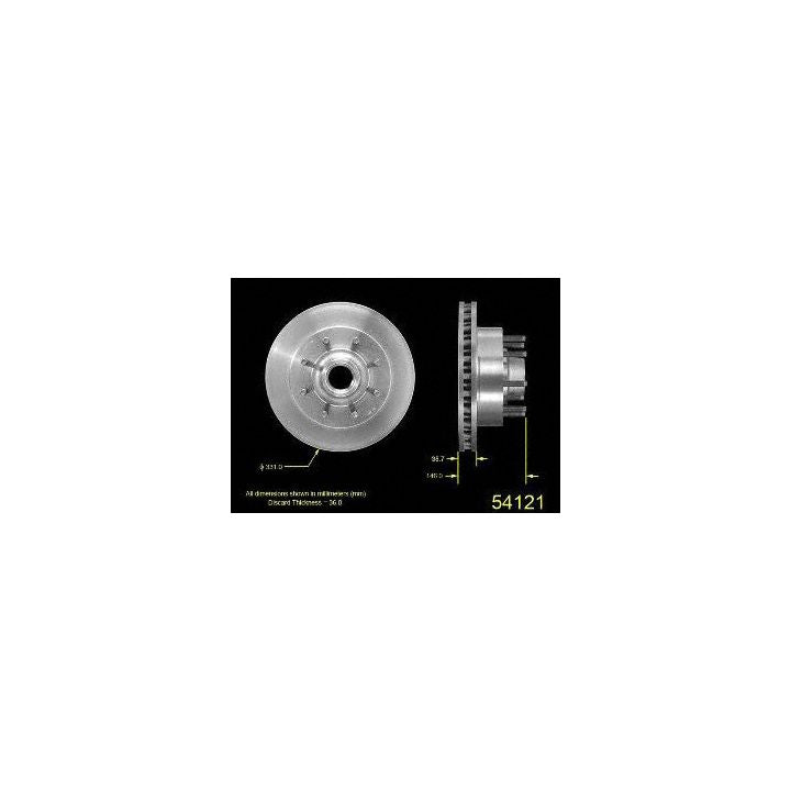 Two views of a metallic disc brake rotor with measurements shown against a black background; Pro-Series OE Brake Rotor, part number 54121.