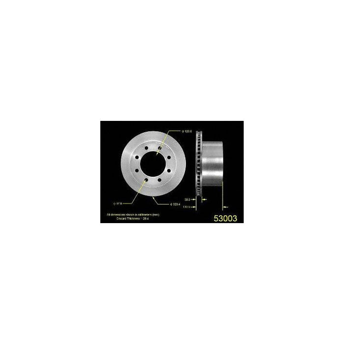 Diagram of a 53003 Pro-Series OE Brake Rotor with dimensions and specifications highlighted, viewed from top and side.
