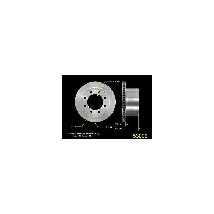 Diagram of a 53003 Pro-Series OE Brake Rotor with dimensions and specifications highlighted, viewed from top and side.