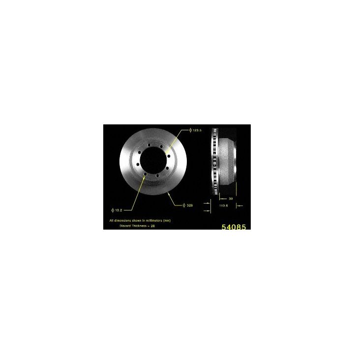 Diagram showcasing the 54085 Pro-Series OE Brake Rotor with dimensions labeled, presented in front and side views on a black background.