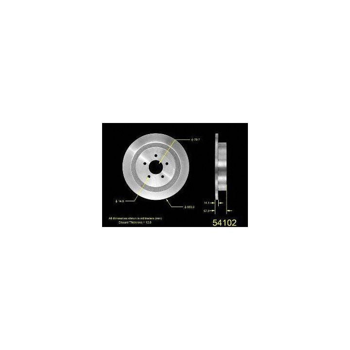 Diagram of the 54102 Pro-Series OE Brake Rotor with dimensions labeled, showing front and side views. Text reads "Rotor Thickness: 13.58 mm" and "54102".
