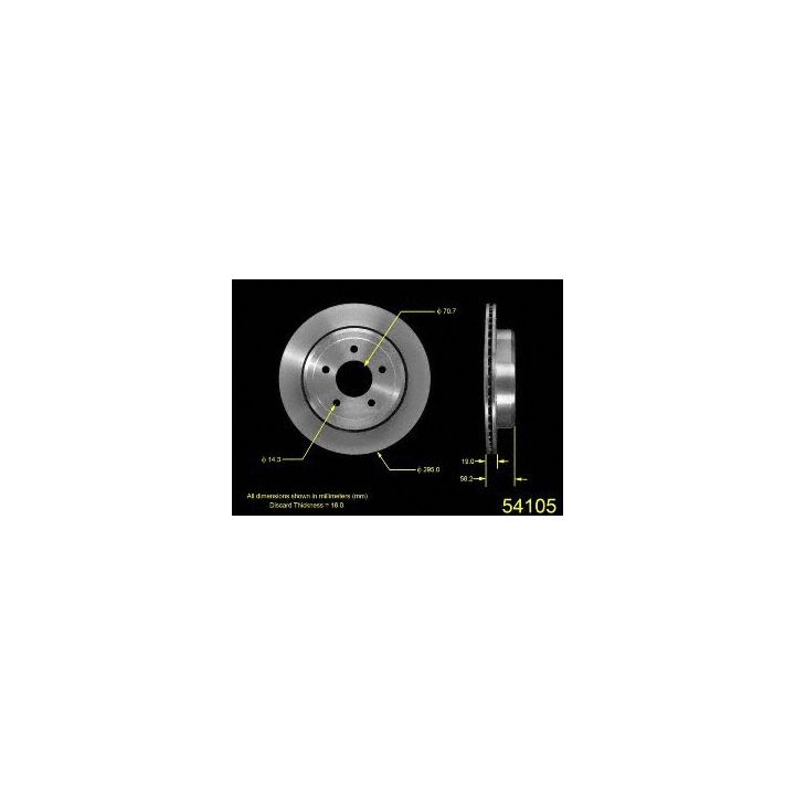 Two views of the 54105 Pro-Series OE Brake Rotor with detailed measurements and specifications on a black background.