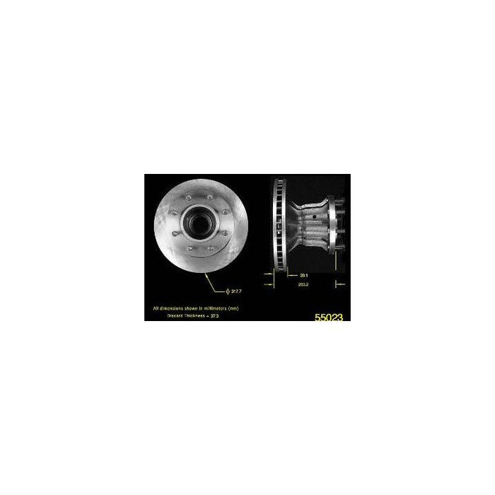A diagram of the 55023 Pro-Series OE Brake Rotor with highlighted measurements, featuring front and side views on a black background.