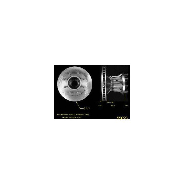 A diagram of the 55023 Pro-Series OE Brake Rotor with highlighted measurements, featuring front and side views on a black background.