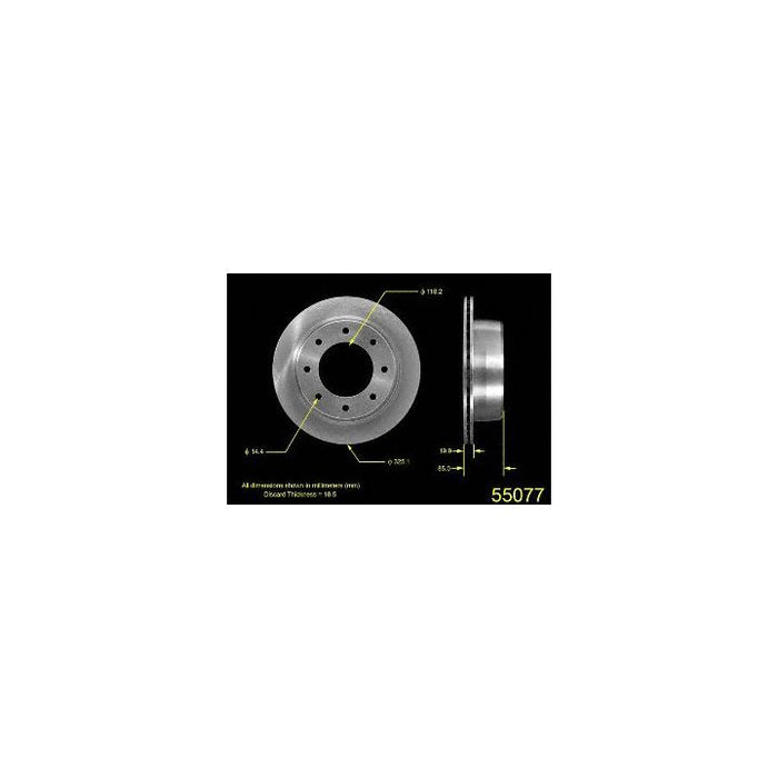 55077 Pro-Series OE Brake Rotor diagram with dimensions and specifications displayed. The rotor is shown from front and side views on a black background.