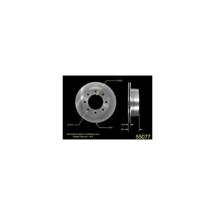 55077 Pro-Series OE Brake Rotor diagram with dimensions and specifications displayed. The rotor is shown from front and side views on a black background.