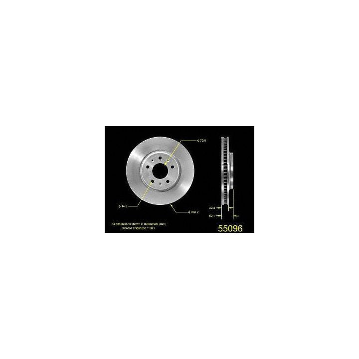 Diagram of a 55096 Pro-Series OE Brake Rotor with measurements and specifications labeled, shown from front and side views.