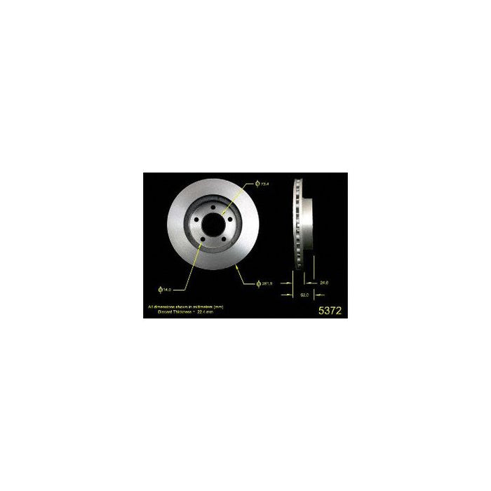 Image of a 5372 Pro-Series OE Brake Rotor with labeled measurements specifying dimensions in millimeters against a black background.
