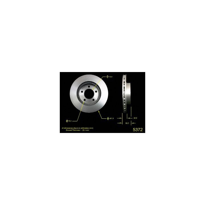 Image of a 5372 Pro-Series OE Brake Rotor with labeled measurements specifying dimensions in millimeters against a black background.