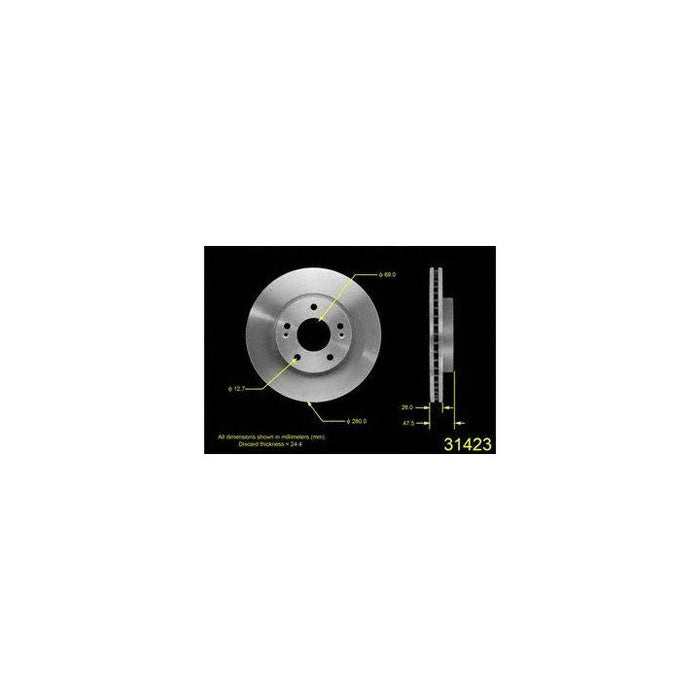 A schematic of the 31423 Pro-Series OE Brake Rotor with measurements and specifications labeled.