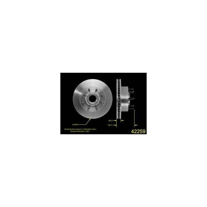 Two views of the 42259 Pro-Series OE Brake Rotor on a black background, with labeled measurements for diameter and thickness.