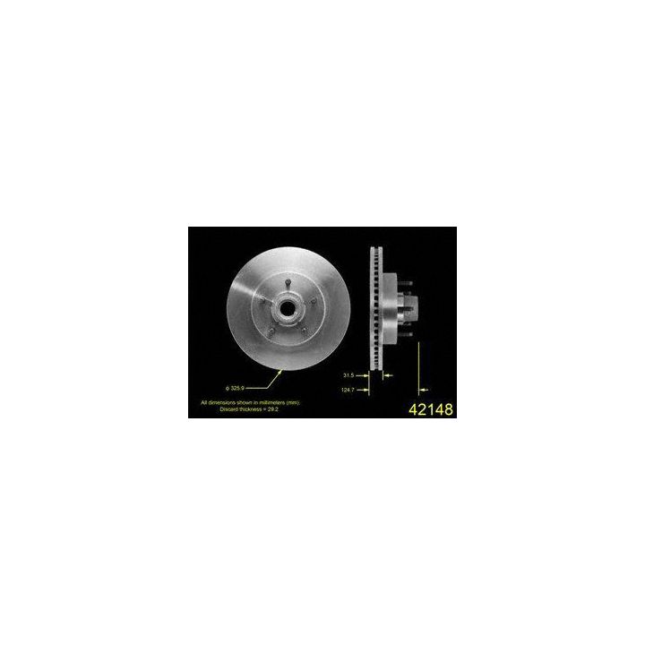 Side and front views of a silver 42148 Pro-Series OE Brake Rotor with measurements.
