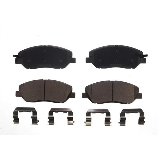 A set of four BFD1202CR ProSeries OE Brake Pads and four metal clips displayed on a white background.