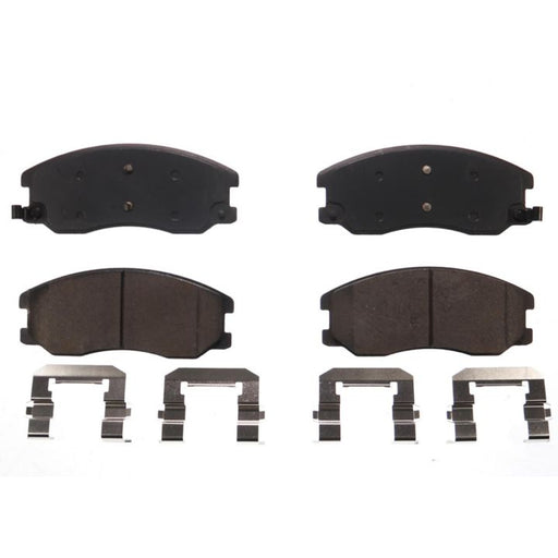BFD1264CR ProSeries OE Brake Pads set, consisting of four brake pads and four metal clips, arranged on a white background.
