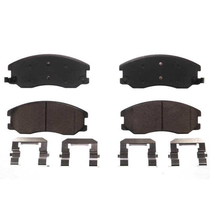 BFD1264CR ProSeries OE Brake Pads set, consisting of four brake pads and four metal clips, arranged on a white background.