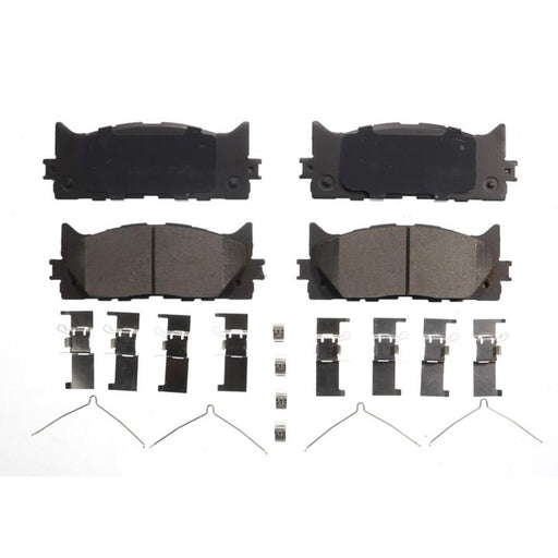A set of BFD1293CR ProSeries OE Brake Pads, including eight brake pads, eight clips, four screws, and two wire clips, arranged neatly on a white background.