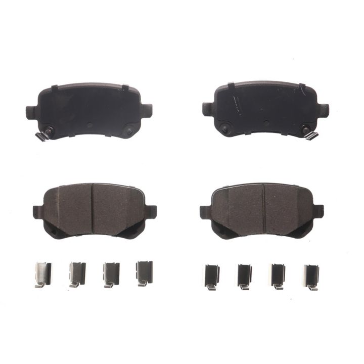 Four BFD1326CR ProSeries OE Brake Pads and eight metal clips arranged in two rows on a white background.