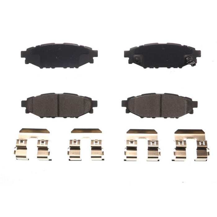 Four BFD1114CR ProSeries OE Brake Pads in black and four silver hardware clips arranged on a white background.