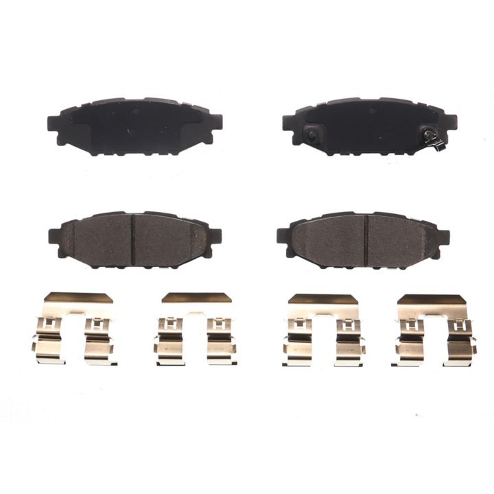 Four BFD1114CR ProSeries OE Brake Pads in black and four silver hardware clips arranged on a white background.