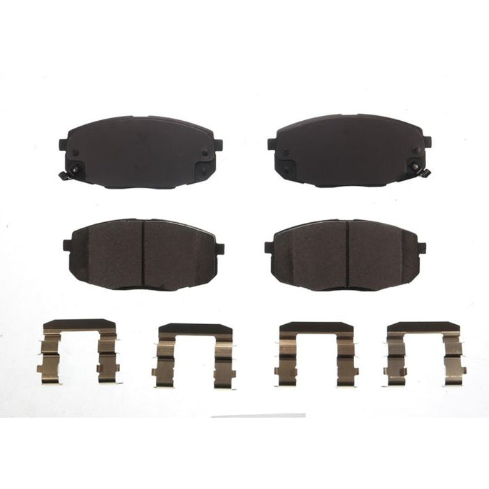 Four BFD1397CR ProSeries OE Brake Pads and four metal clips arranged on a white background.